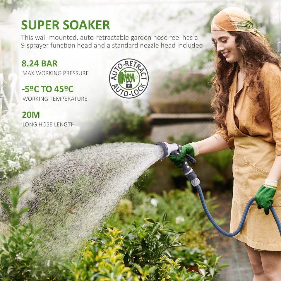 image 1 of NETTA Retractable Hose Reel with Auto Rewind, 180° Swivel and 9-Function Spray Gun