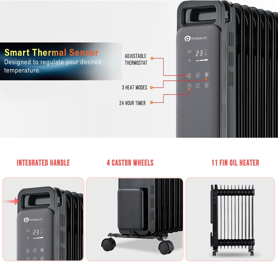 image 1 of PureMate 2500W 11-Fin Oil Filled Radiator | Portable Heater with Digital Thermostat, 24Hr Timer & Eco Mode