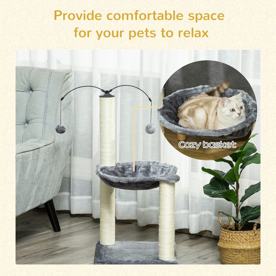 image 1 of PawHut 83cm Cat Tree Tower with Sisal Scratching Post Hammock Toy Grey