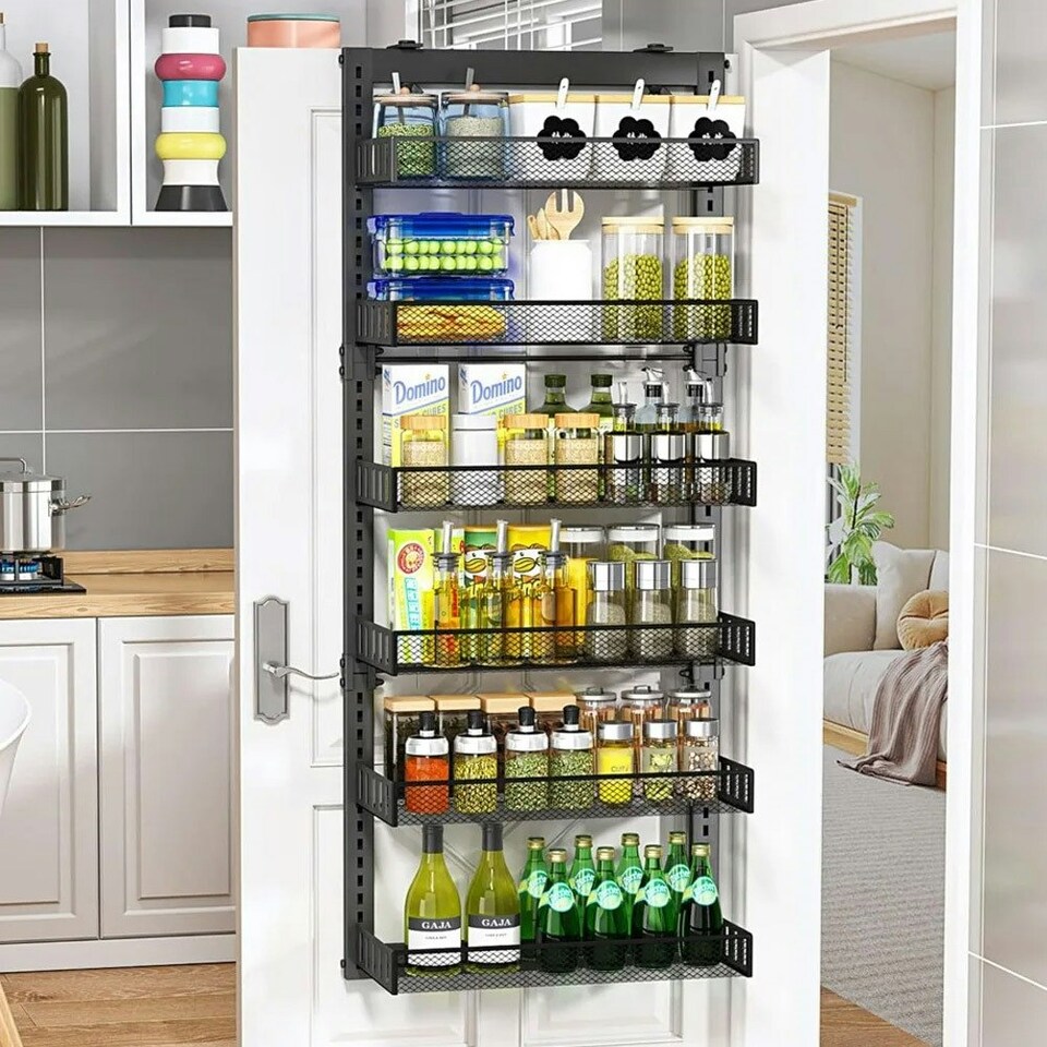 image 1 of Living and Home Black Steel Over-the-Door Kitchen Pantry Organiser