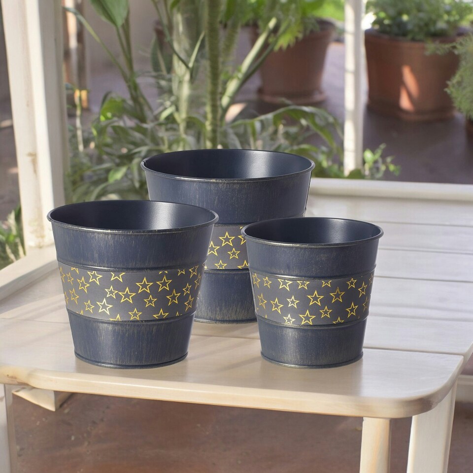 image 1 of Set of 3 Tin Navy Blue Star Plant Pots