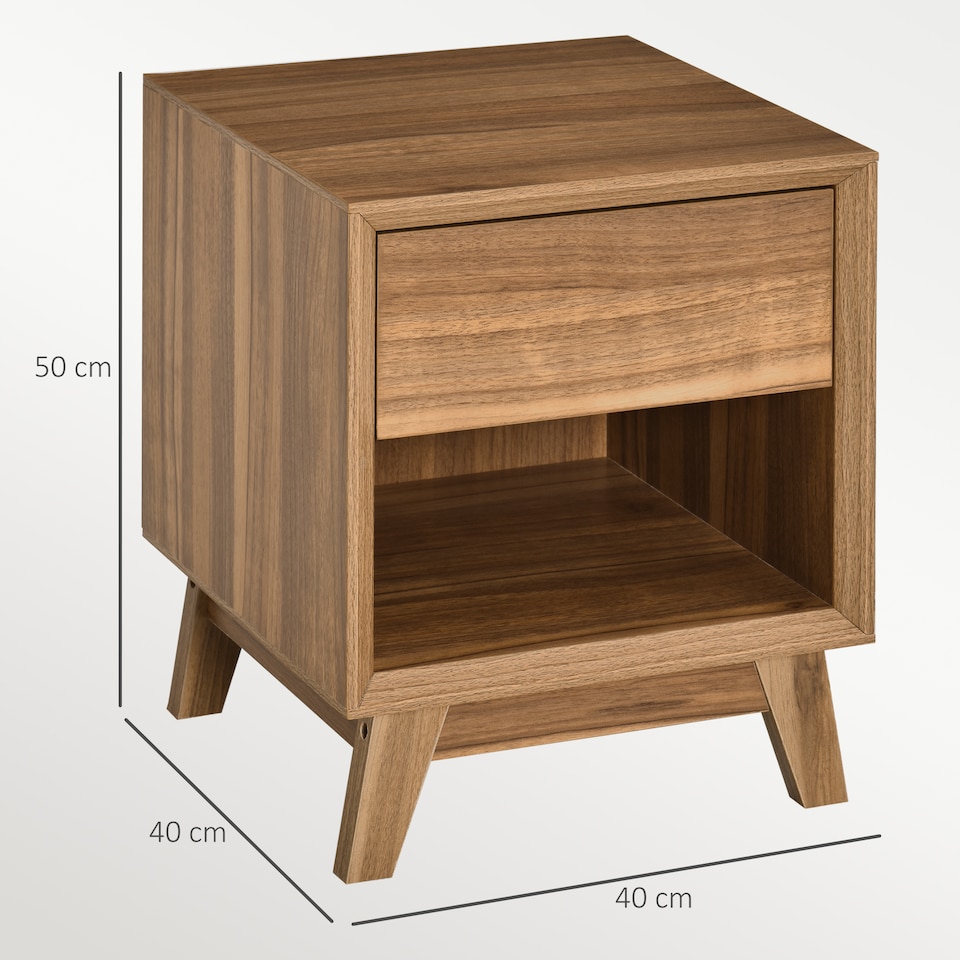 image 1 of HOMCOM Modern Bedside Table Nightstand, Living Room End Table, Side Table with Drawer and Shelf, Walnut Brown