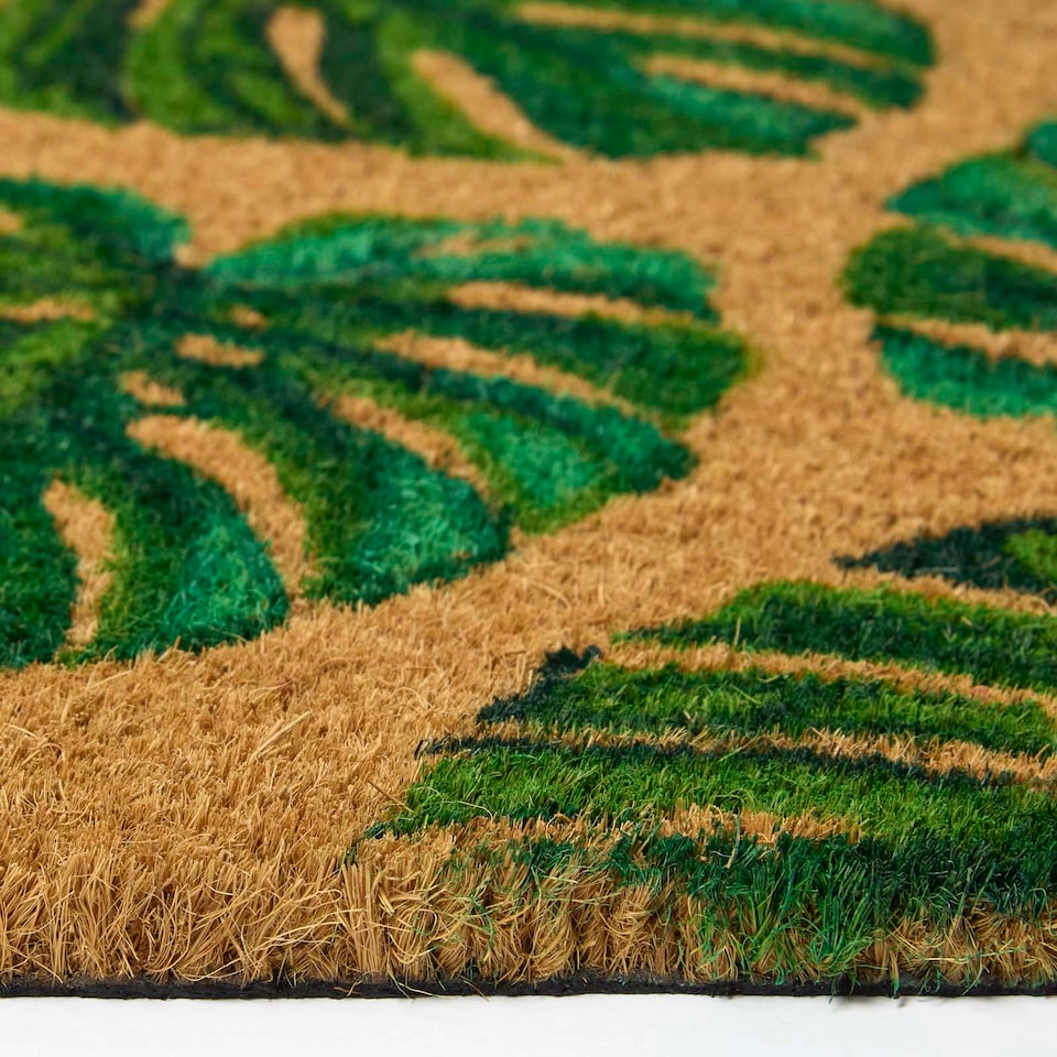 image 1 of Homescapes Coir Doormat Green Tropical Leaves - 40 x 60 cm
