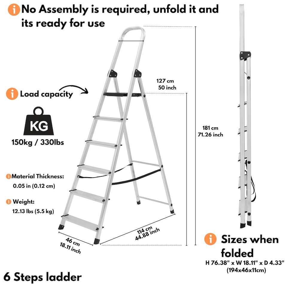 image 1 of Lightweight Step Ladders - Compact Aluminium Stepladder with Non-Slip Wide Step, Portable Silver Color - Tall Folding Ladder with Platform Silver | 6 - Step 181 cm