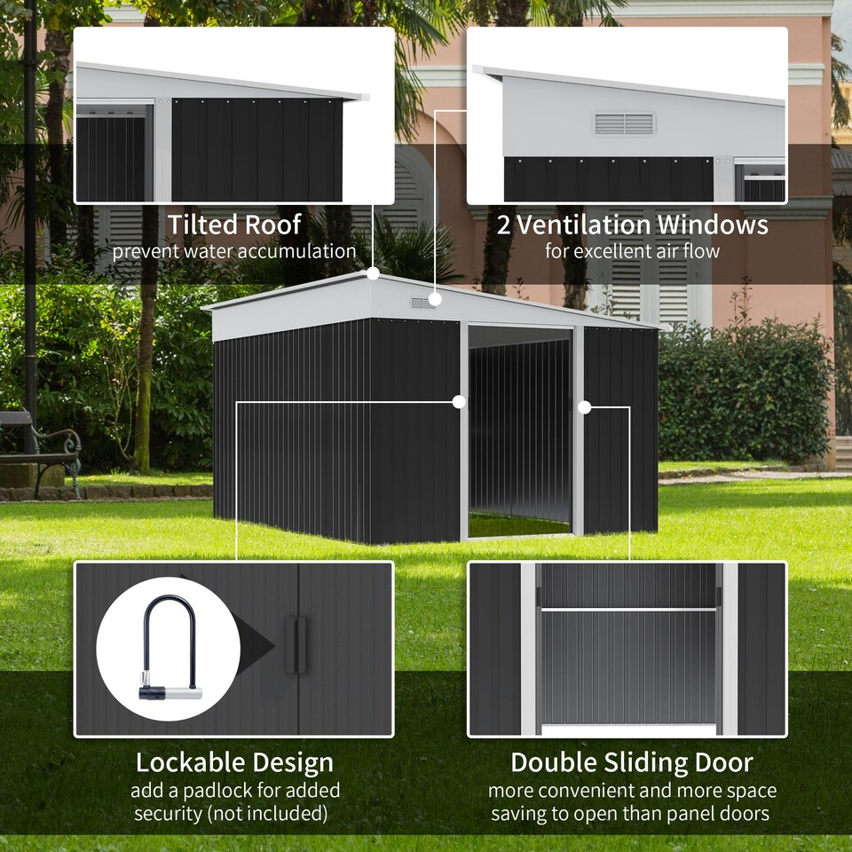 image 1 of Outsunny Steel Garden Storage Shed w/ Sliding Doors Black Black | Black