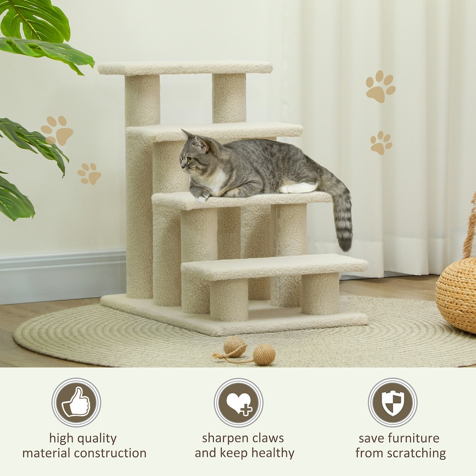 image 1 of PawHut Dog Steps for Bed 4 Step Pet Stairs for Dog Cat Climb Ladder Cream