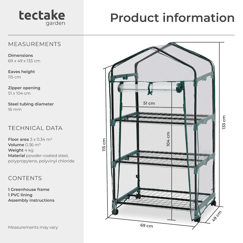 image 1 of Greenhouse - with wheels, 3 shelves, tarpaulin cover, 69 x 49 x 133 cm