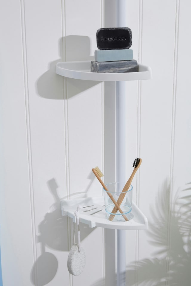 image 1 of Orsina Telescopic Storage 4 Tier Corner Shelf, Shower Storage Rack With Slatted Shelves,  Bathroom Organizer Shelf