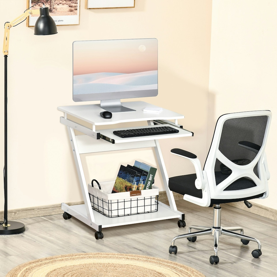 image 1 of HOMCOM Movable Computer Desk with 4 Moving Wheels Sliding Keyboard Tray White