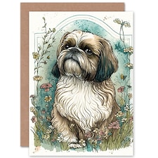 Shih Tzu Dog Wildflowers Modern Art Nouveau Art Card
