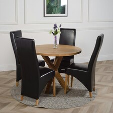 Oregon Round Oak Dining Table with Lola Leather Chairs Black