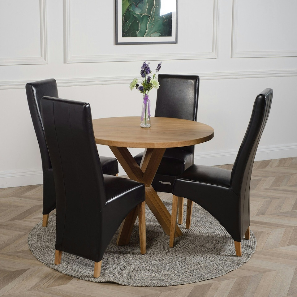 image 1 of Oregon Round Oak Dining Table with Lola Leather Chairs Black