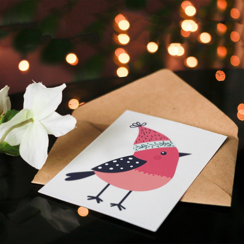image 1 of Robin Bird With Winter Hat Pink Blue Modern Blank For Him Or Her Art Christmas Card