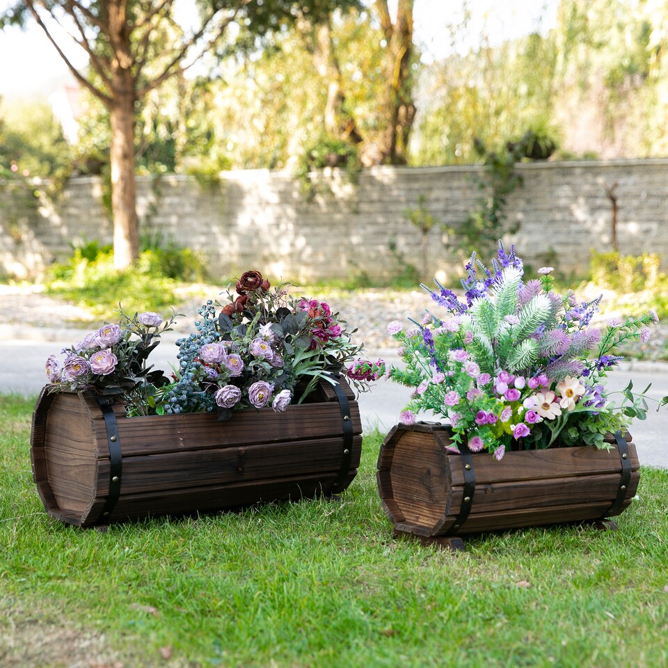 image 1 of Outsunny 2PCs Wooden Flower Plant Pot Outdoor Plant Box with Solid Wood | Brown | Brown