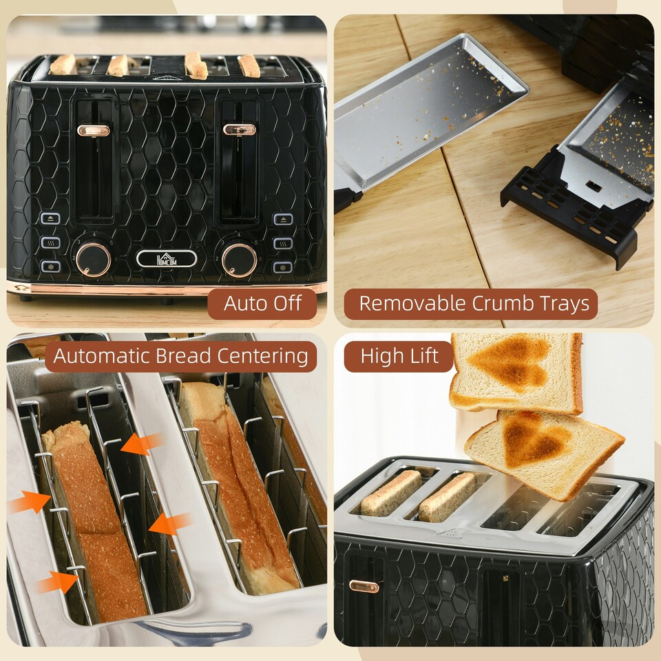 image 1 of HOMCOM Toaster with 4 Slot, 7 Browning Levels, 1600W, Black Honeycomb Black