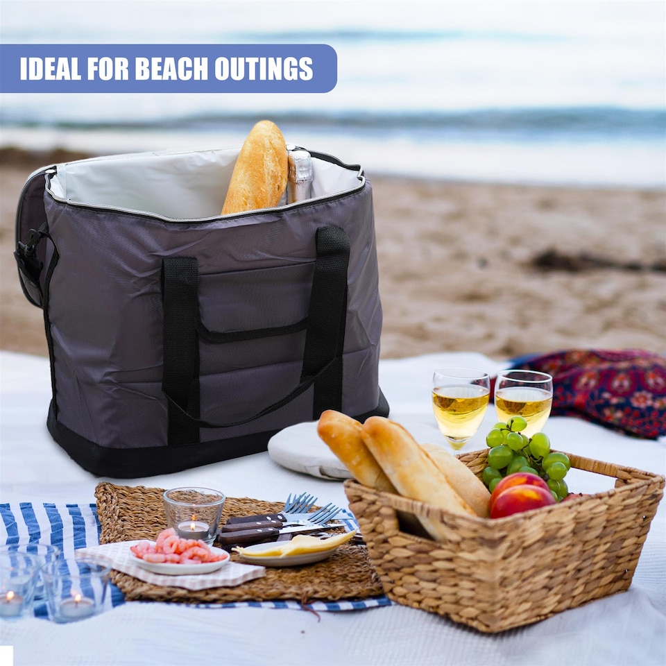 image 1 of GEEZY Zip Up Cooler Bag Insulated Picnic Food Carrier Grey 30L