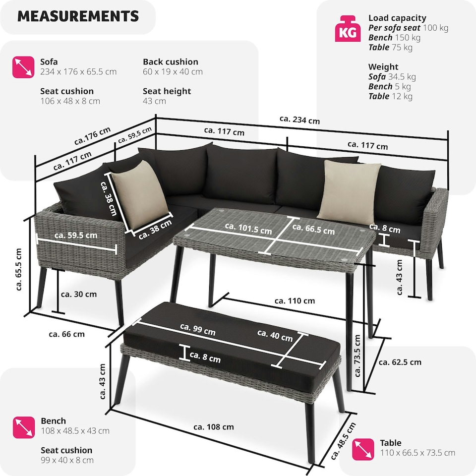 image 1 of Garden Furniture Set Pula - outdoor sofa set with table, seating bench, thick seat cushions - Grey