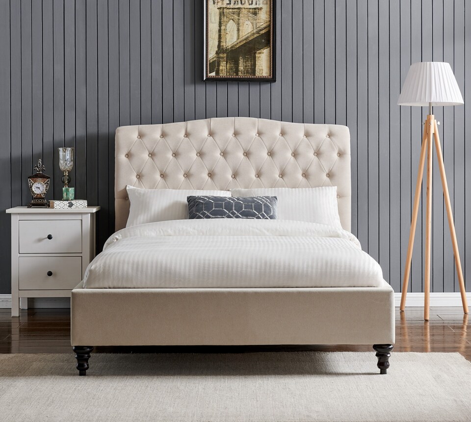 image 1 of 3ft Single Fabric upholstered, natural beige,buttoned back,curved bed frame,bedstead