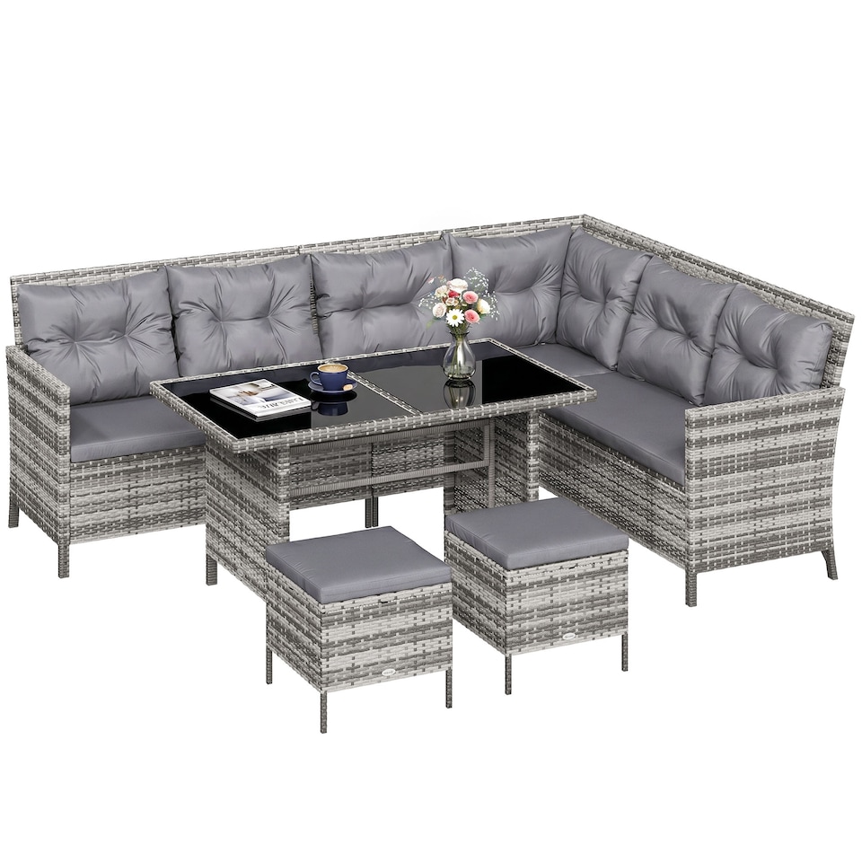 image 1 of Outsunny 6 PCs Patio wicker Sofa Set Rattan Chair Furniture w/ Glass & Cushioned