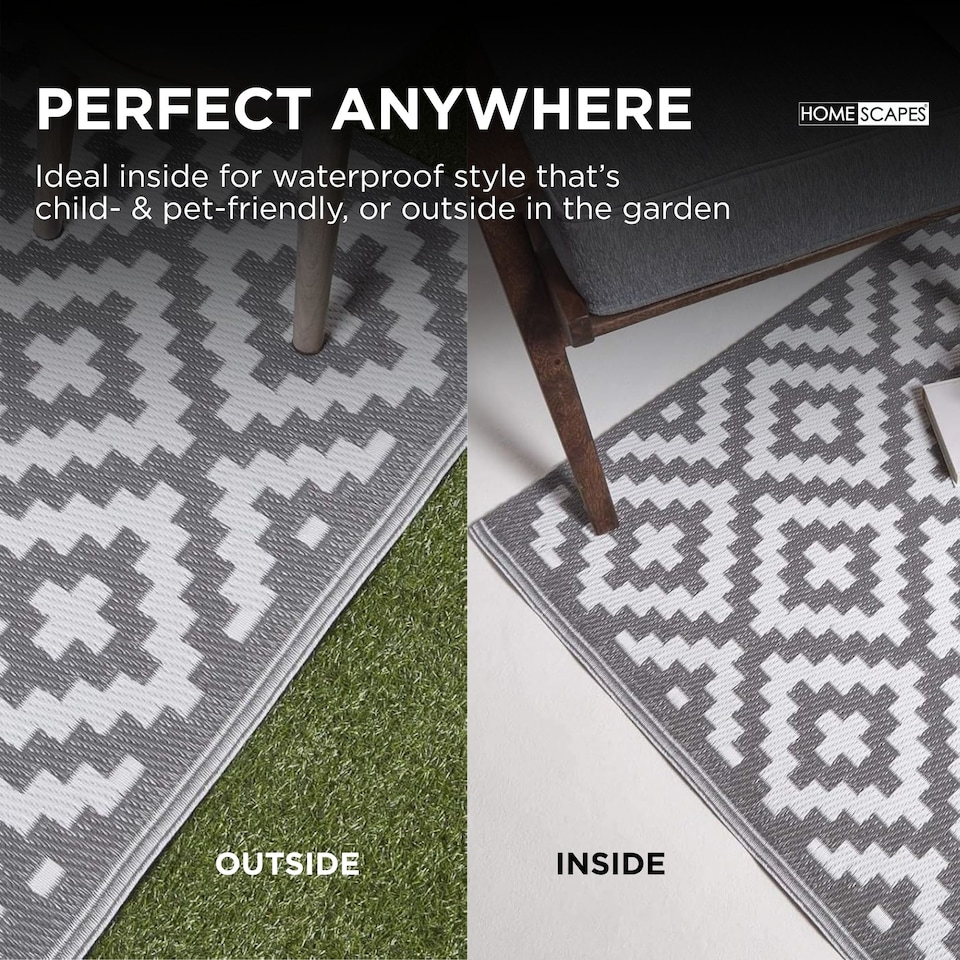 image 1 of Homescapes Outdoor Rug Luxury Waterproof Reversible Recycled, For Garden & Patio, Zoe Geometric Design | Grey | Grey and White
