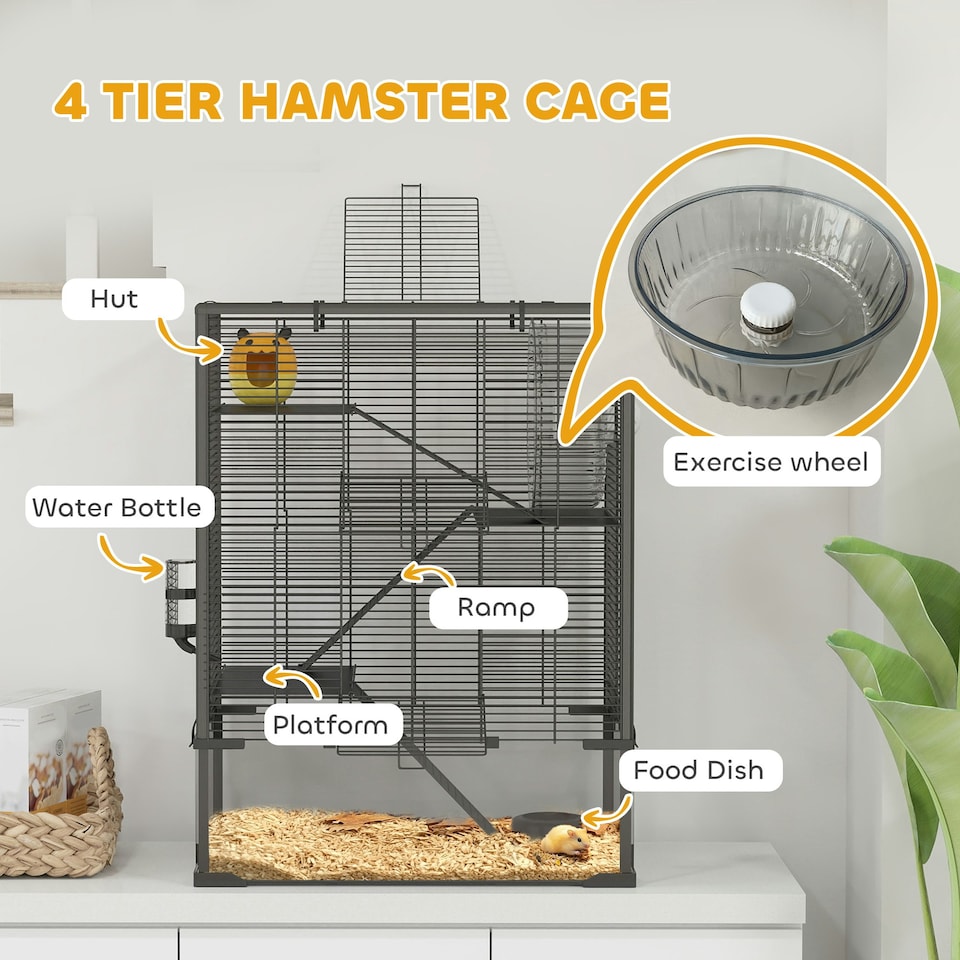 image 1 of PawHut 4 Tiers Hamster Cage with Deep Tempered Glass Bottom, 60 x 40 x 80cm