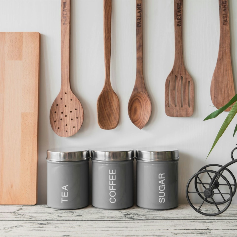 image 1 of Harbour Housewares Grey Round Metal Kitchen Tea Coffee Sugar Canisters Kitchen Caddy Kitchen Storage Containers Canister