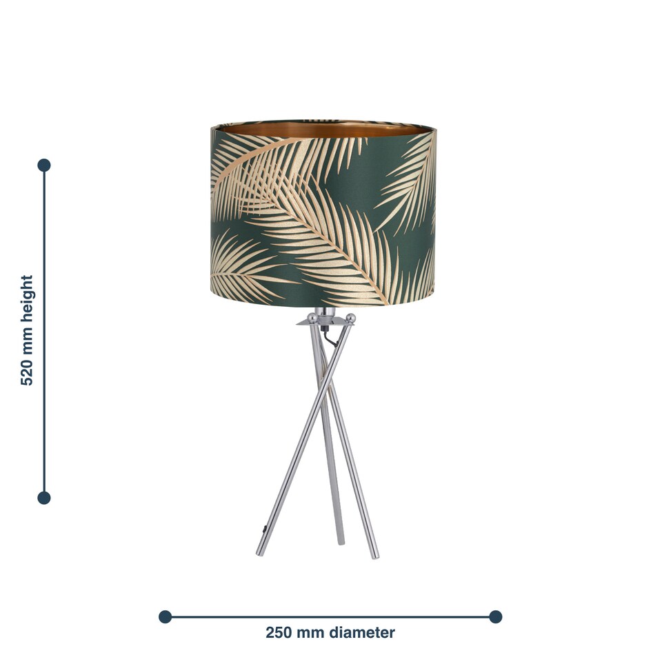 image 1 of Set of 2 Tropica - Chrome Tripod Lamps with Dark Green and Gold Shades | Chrome | Polished chrome plate and dark green fabric and gold embossed foil | 2