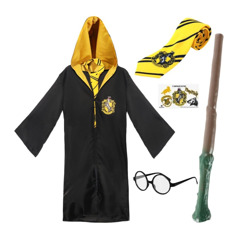 image 1 of Harry Potter Costume - Hufflepuff Cloak, Tie, Tattoos, Glasses & Wand | Multi | S