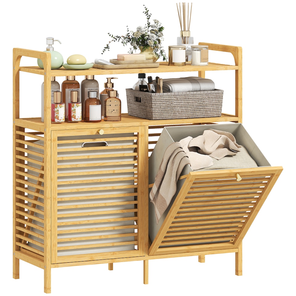 image 1 of HOMCOM Double Tilt Out Laundry Cabinet Bamboo Laundry Hamper Cabinet | Brown | Natural, Cream White | 82W x 33D x 88H cm