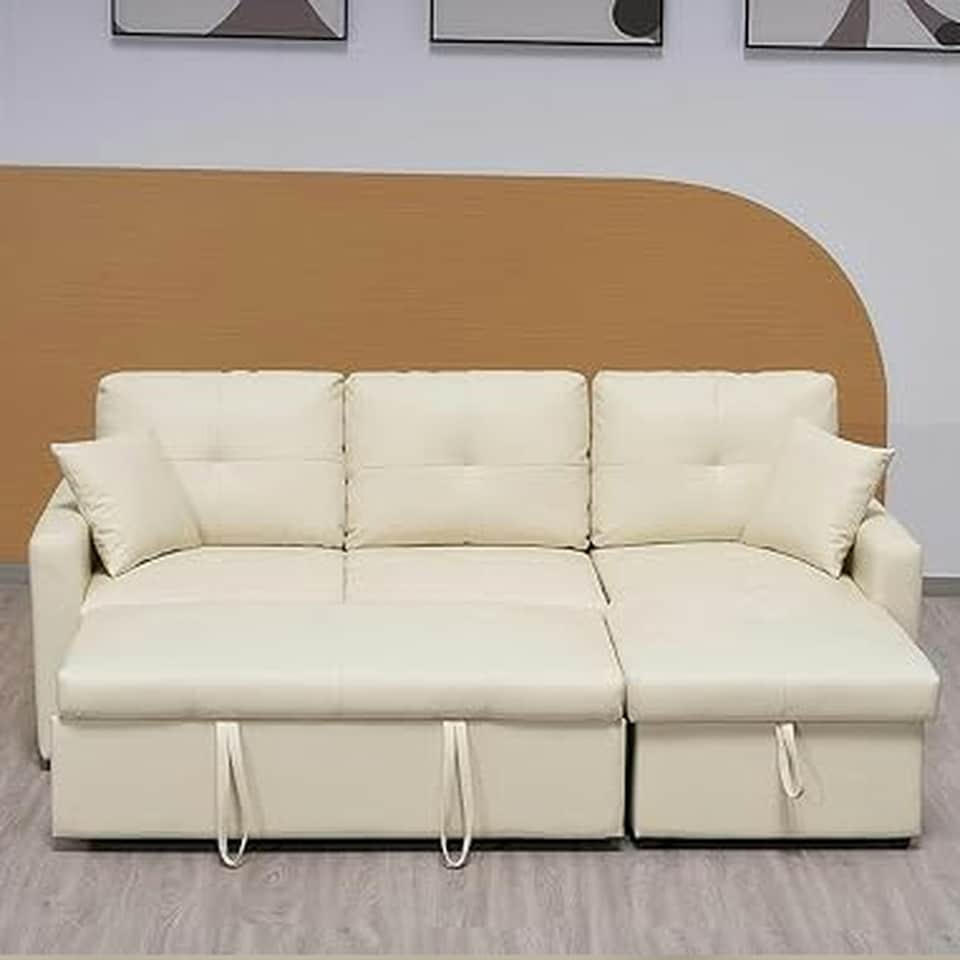 image 1 of Milano 3 Seater L Shape Pullout Sofa Bed with Deep Storage Compartment & Reversible Chaise Cream | Beige