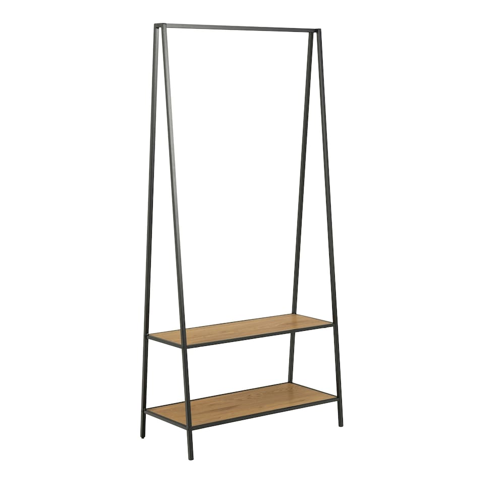 image 1 of Seaford Black Metal Clothes Rack with 2 Oak Shelves