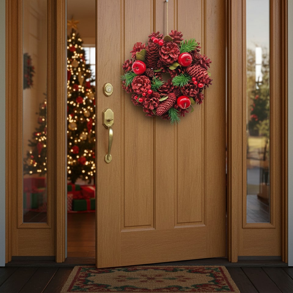 image 1 of Christmas Wreath Festive Decoration with Jute Hanger Traditional Pinecone Decor | Multi | Red, Apple & Berry | 34cm | 1