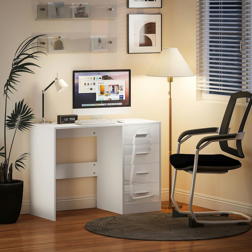 image 1 of HOMCOM Computer Writing Desk with 4 Drawers, High Gloss Home Office Workstation