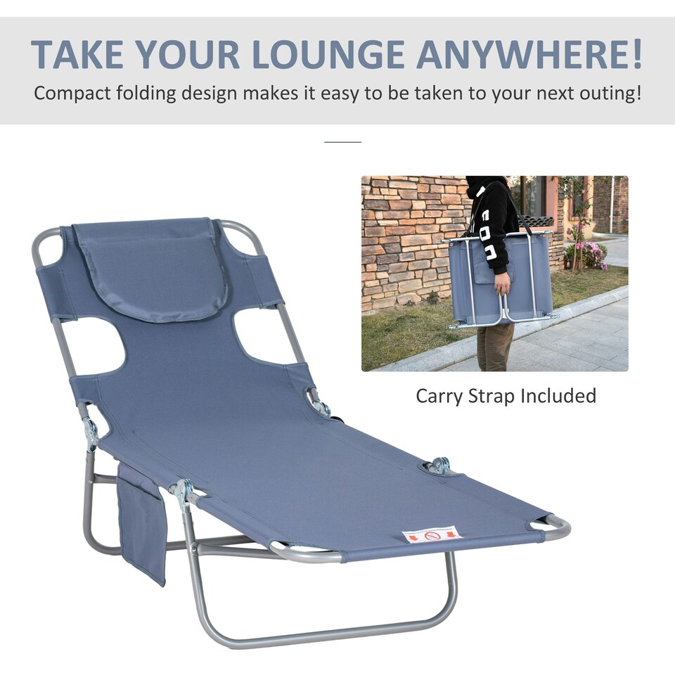 image 1 of Outsunny Chaise Lounge Portable Adjustable Backrest with Face Cavity Grey
