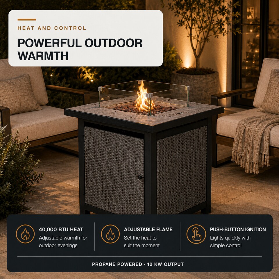 image 1 of Teamson 86cm Propane Gas Fire Pit Table with Rattan Base, 40,000 BTU
