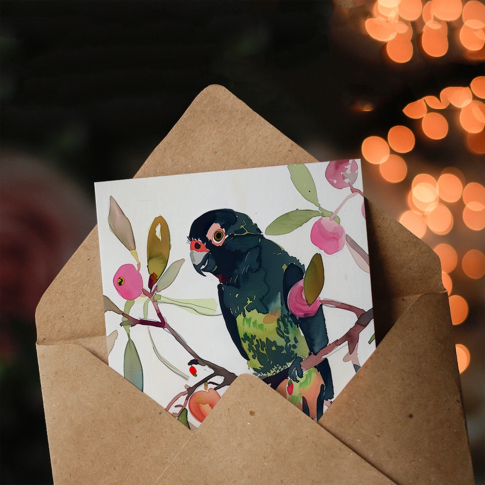 image 1 of Greeting Card Parrot Perched on Fruit Tree Branch Watercolour Birthday