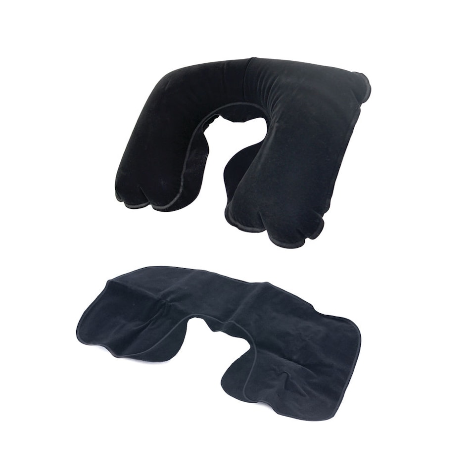 image 1 of Inflatable Travel Neck Pillow Black Soft Velour Air Cushion for Plane Car Train Coach Travel