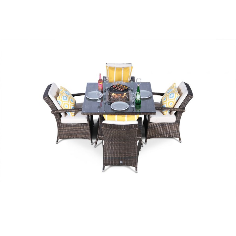 image 1 of Arizona Fire Pit 4 Seater Square Rattan Dining Set | Brown | Brown