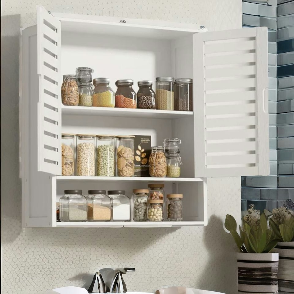 image 1 of Wooden Bathroom Wall Storage Cabinet Organiser White White