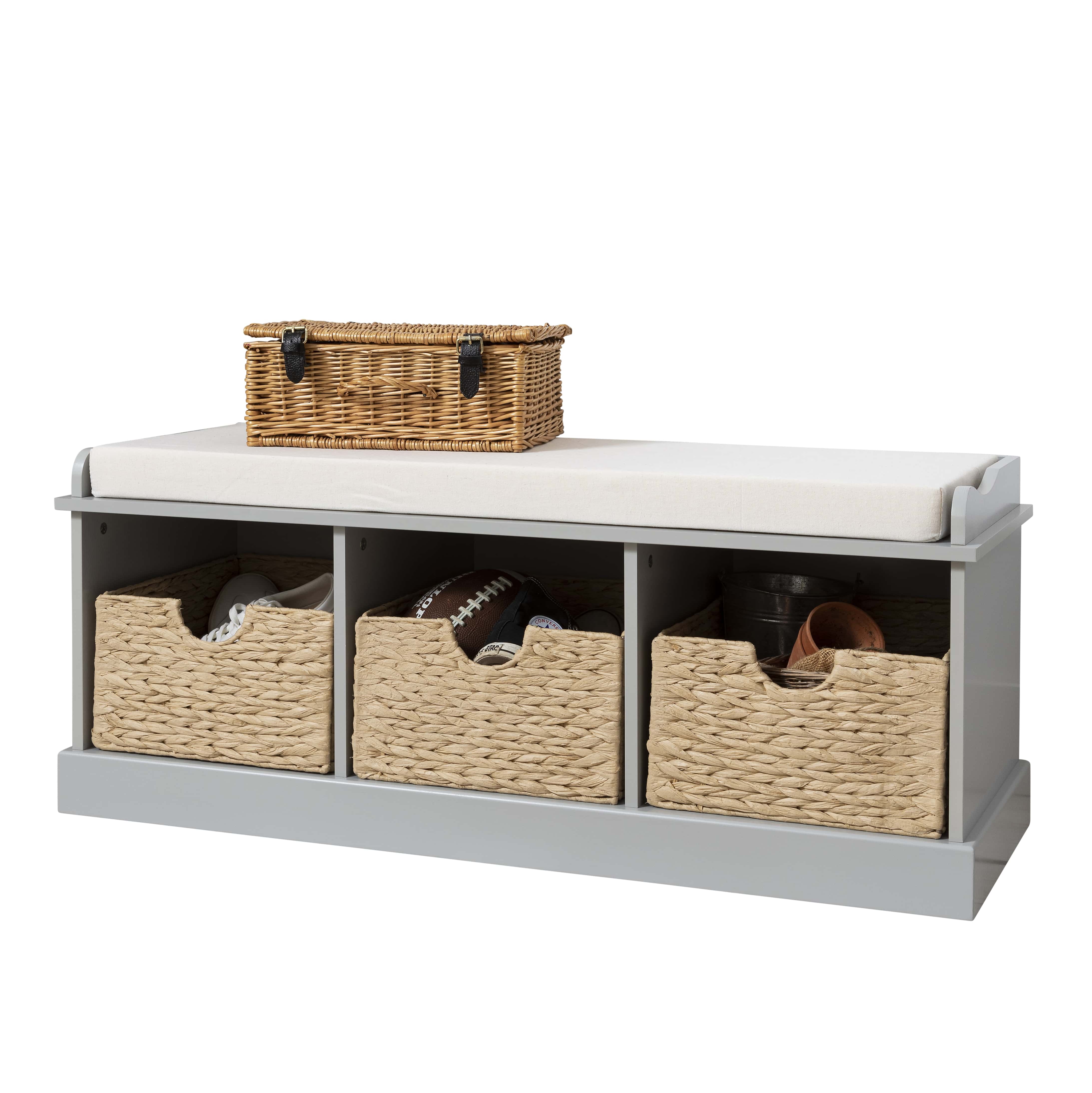Stockholm Storage Bench with 3 Brown Baskets in Silk Grey