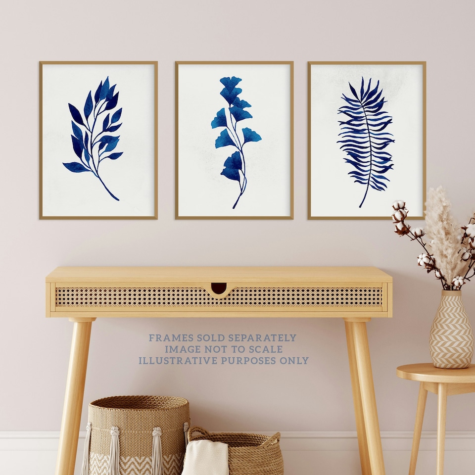 image 1 of Set of 3 Flower Plant Leaf Blue Watercolour Botanical Home Decor Wall Art Print A4