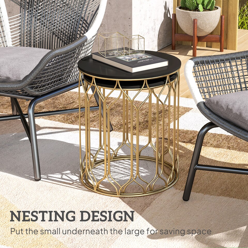 image 1 of Outsunny Round Coffee Table Set of 2, Modern Nesting Tables with Ceramic Tile Top, Small End Tables, Indoor Outdoor Side Table with Metal Frame for Living Room, Bedroom, Patio, Balcony, Black | Black | Black