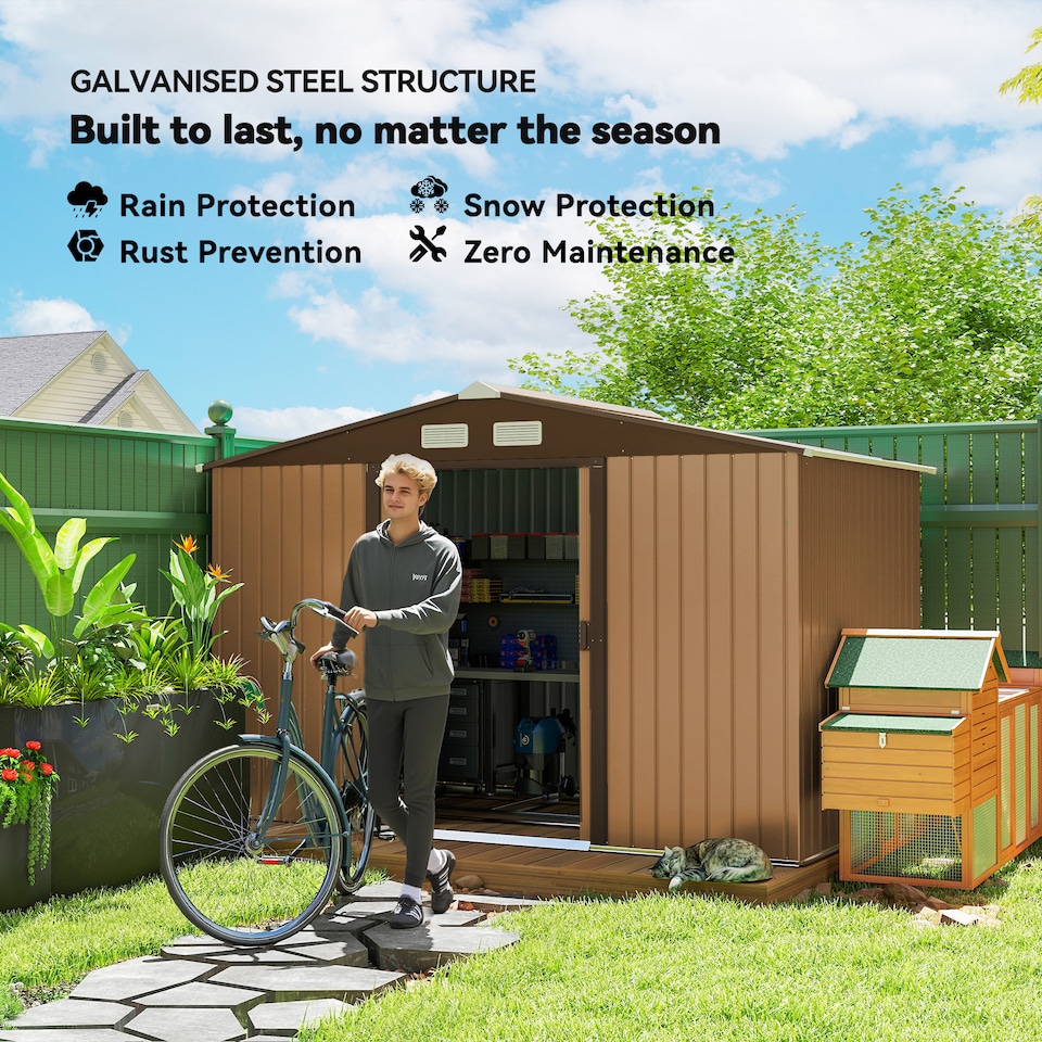 image 1 of Outsunny 9 x 6ft Metal Garden Shed, Outdoor Storage Tool House with Ventilation Slots, Foundation Kit and Lockable Double Doors, Light Brown