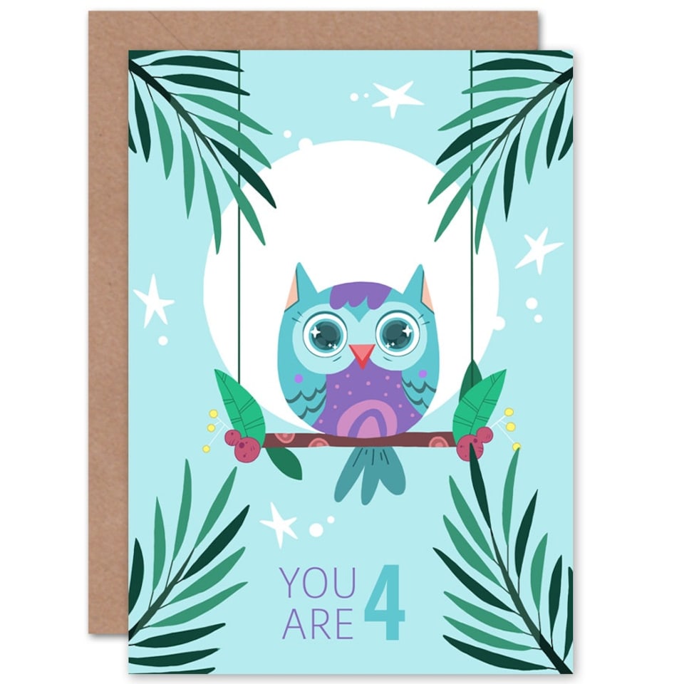 image 1 of Kawaii Owl Perch Birthday You are 4 4th Greeting Card