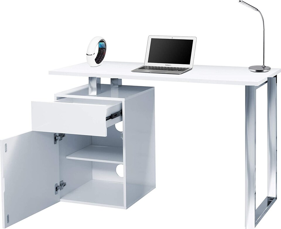 image 1 of Centurion Supports CALISTA Gloss White with Brushed Steel Legs 3-Drawer Contemporary Home Office Computer Desk | White | White | 1
