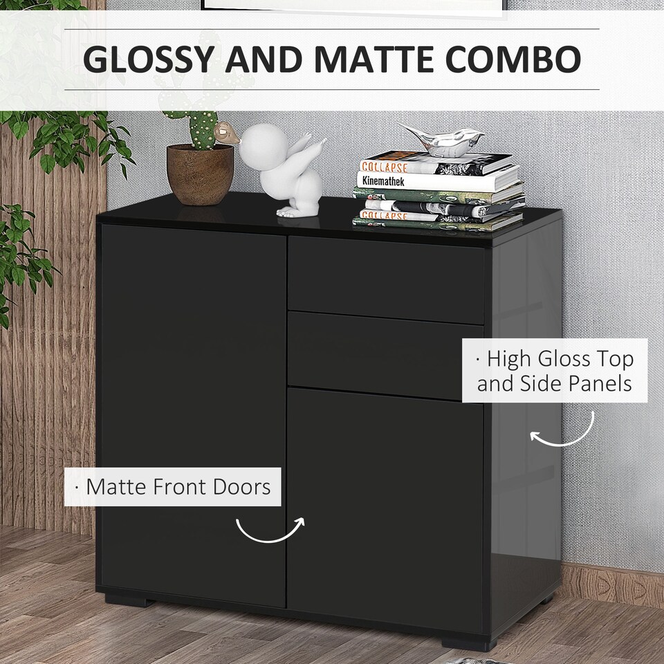 image 1 of HOMCOM High Gloss Frame Sideboard, Side Cabinet, Push-Open Design with 2 Drawer for Living Room, Bedroom, Black