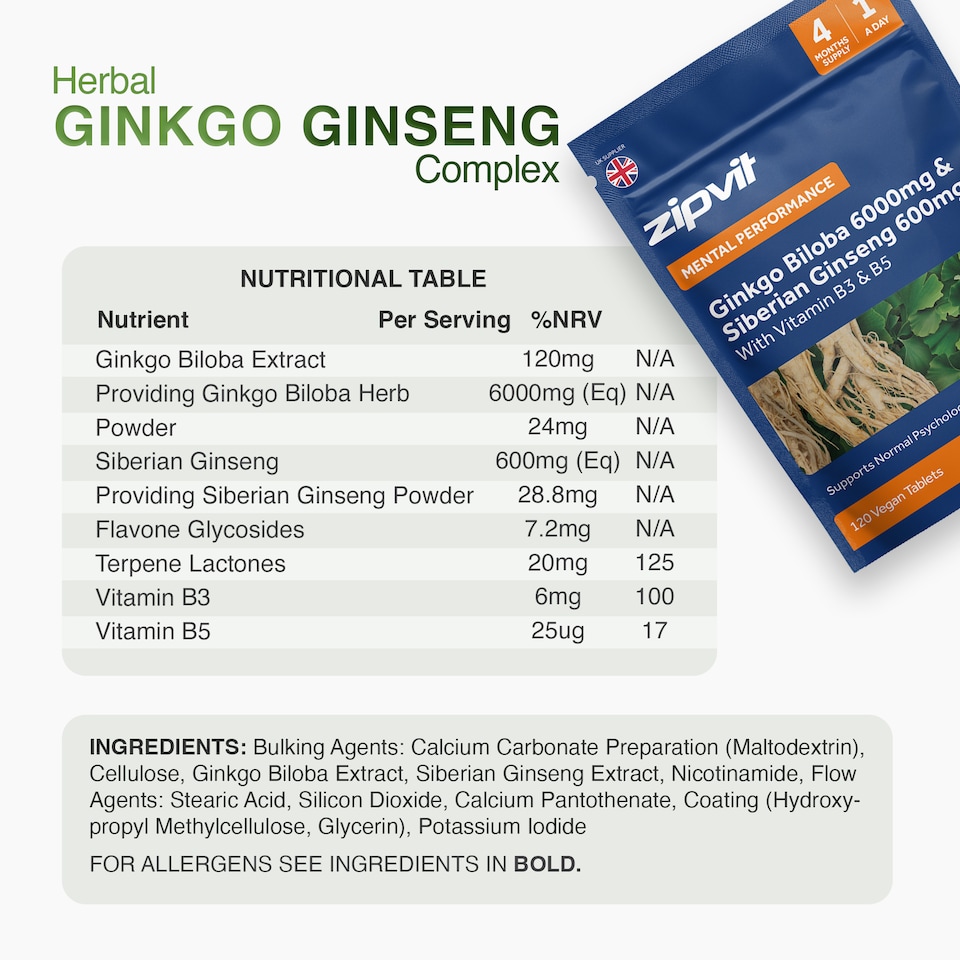 image 1 of Zipvit Ginkgo Biloba 6000mg & Siberian Ginseng 600mg with Vitamin B3 & B5, Energy & Mental Performance, 120 Vegan Tablets, 4-Month Supply
