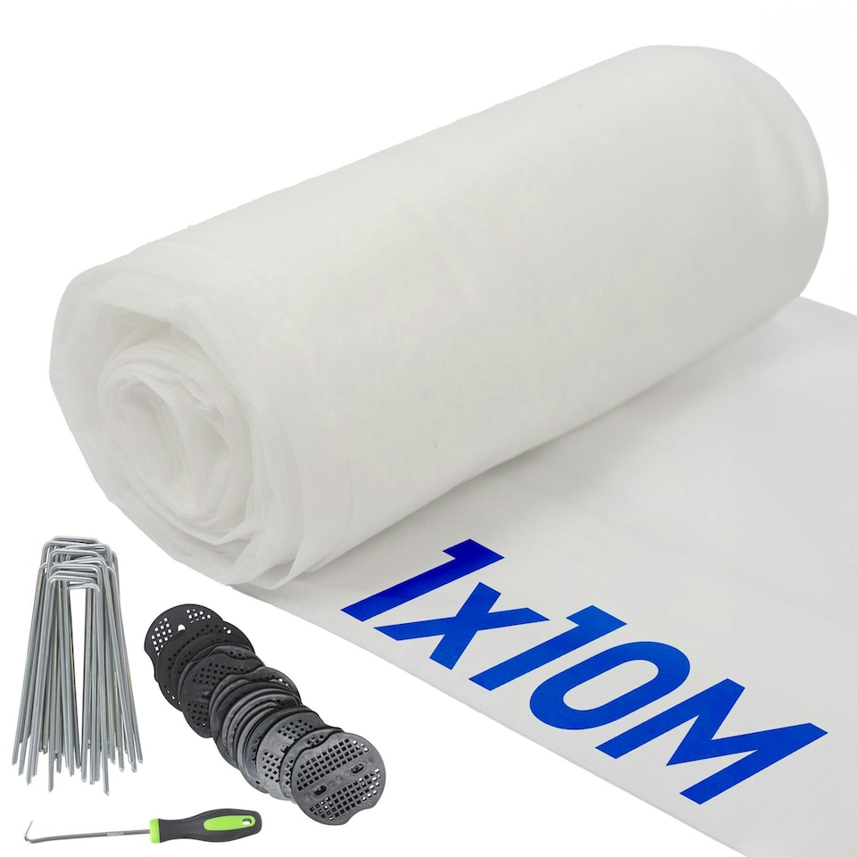 image 1 of Harbour Housewares 50gsm Weed Control Fabric Set with Pegs & Plates - 1M x 10M (1 Roll) White