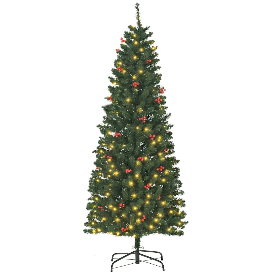 image 1 of HOMCOM 6FT Prelit Pencil Christmas Tree w/ LED Light, Berry, Xmas Decoration