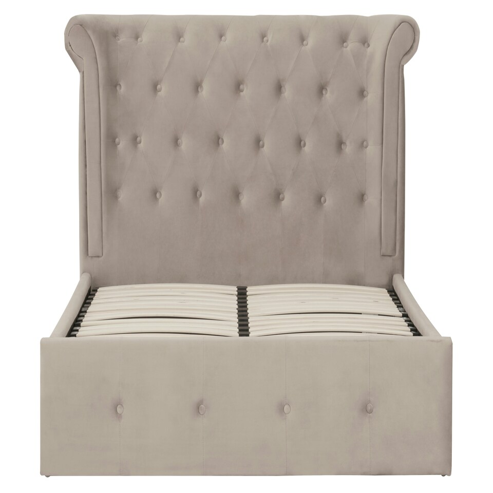 image 1 of Interiors By Premier Contemporary Mink Double Ottoman Bed, Elegant Winged Headboard Bedroom Bed, Ottoman Stud Detailed Bed